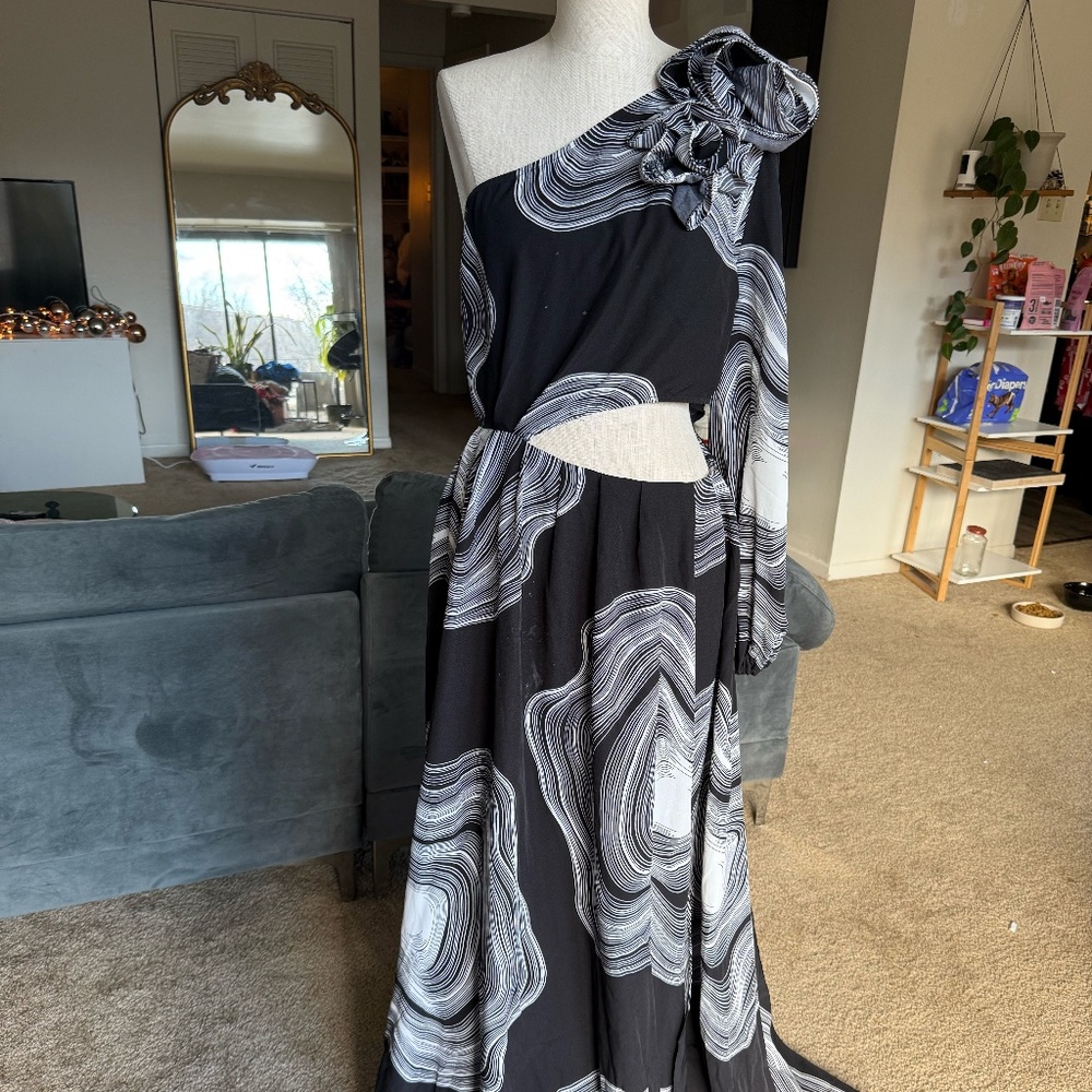 abstract printed 3d rose one shoulder maxi dress with slit